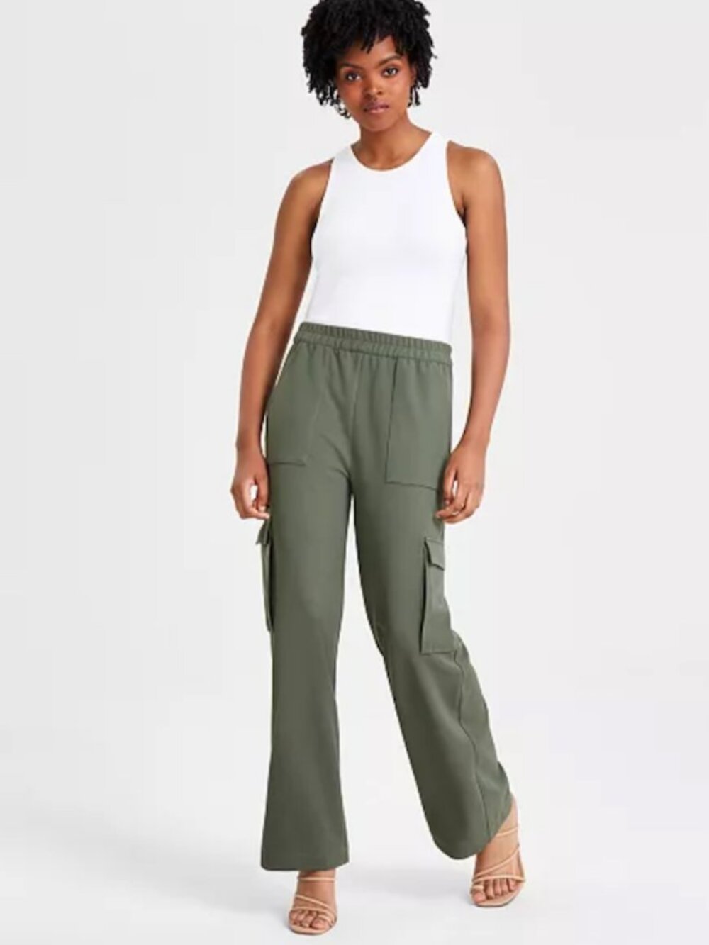 Bar III Women's High-Rise Pull-On Knit Black Cargo Pants